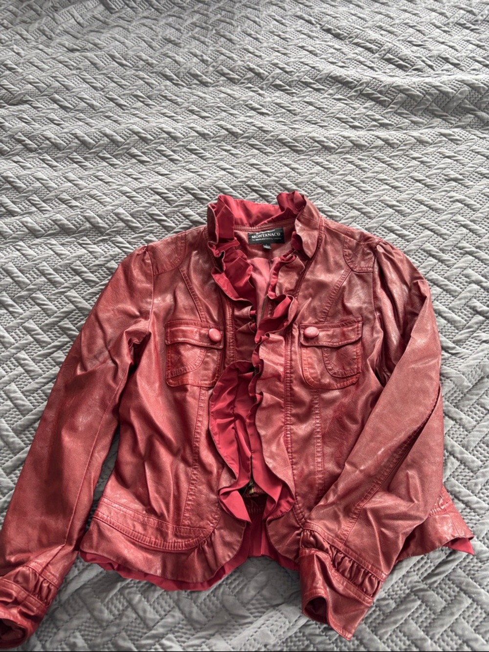 Seven7 Ruffled Faux Leather Jacket in Deep Red